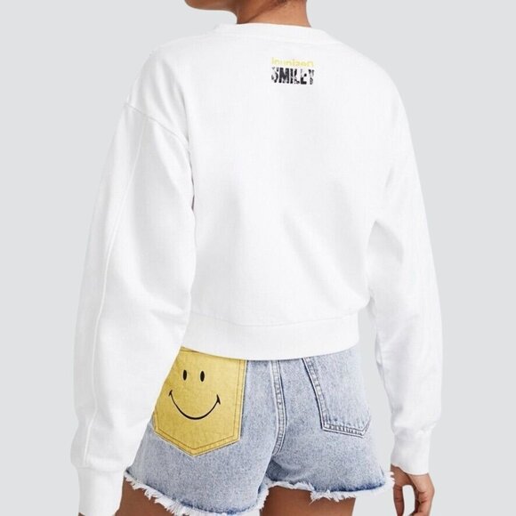 DESIGUAL Amazonas White Smiley Sweatshirt Rave Culture Cropped Relaxed Sz L NWT - Picture 4 of 13
